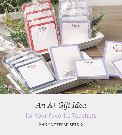 Packs of personalized notepads are shown in different colors with stylish designs as great gifts for teachers.